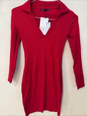 Zara Red Ribbed V-Neck Polo Long Sleeve Top